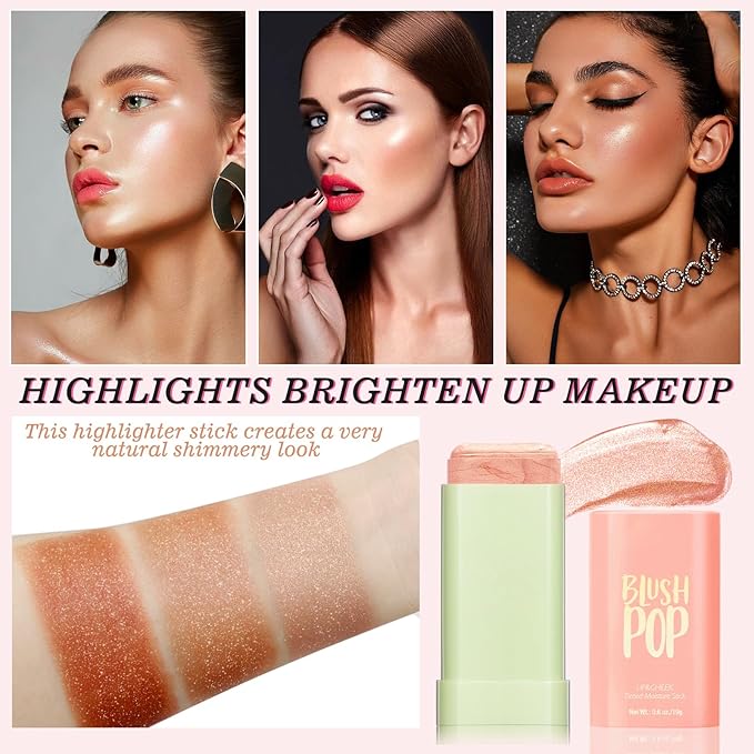Highlighter Makeup Stick - Blush Highlighters Makeup Stick for Face & Body, Natural Silky Shimmer Highlight, Bendable Long Lasting Highlighter Wand, Cream Korean Highlighter (Rose Gold)