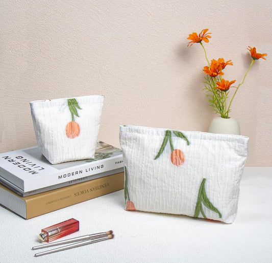 2 Pcs Makeup Bags, Large Cosmetic Bag Travel Toiletry Bag Organizer for Women, Embroidery Craft, Floral Makeup Bag Small Cosmetic Pouch Purse with Zipper Gifts for Girls Teen