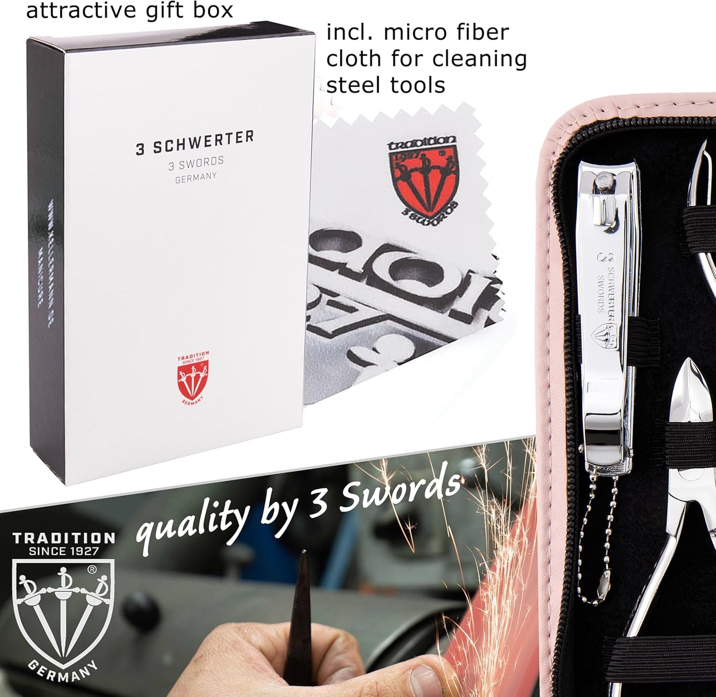 3 Swords Germany - brand quality 10 piece manicure pedicure grooming kit set for nail care scissors clipper pink synthetic leather case - Made by 3 Swords