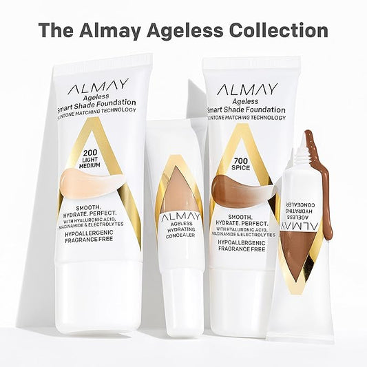 Almay Anti-Aging Foundation, Smart Shade Face Makeup with Hyaluronic Acid, Niacinamide, Vitamin C & E, Hypoallergenic-Fragrance Free, 600 Tan, 1 Fl Oz (Pack of 1)