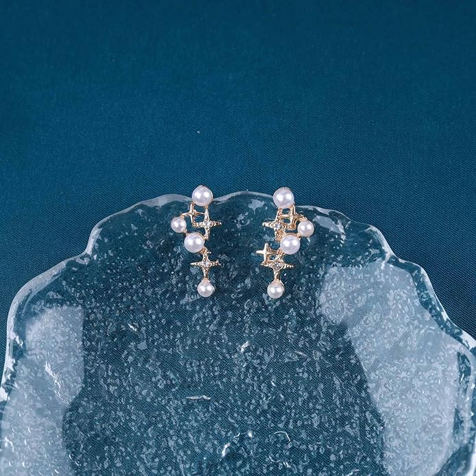 Vintage Pearl Star Earrings Rhinestone Pearl Drop Earrings Gold Crystal North Star Earrings Cz Northstar Studs Earrings Jewelry for Women