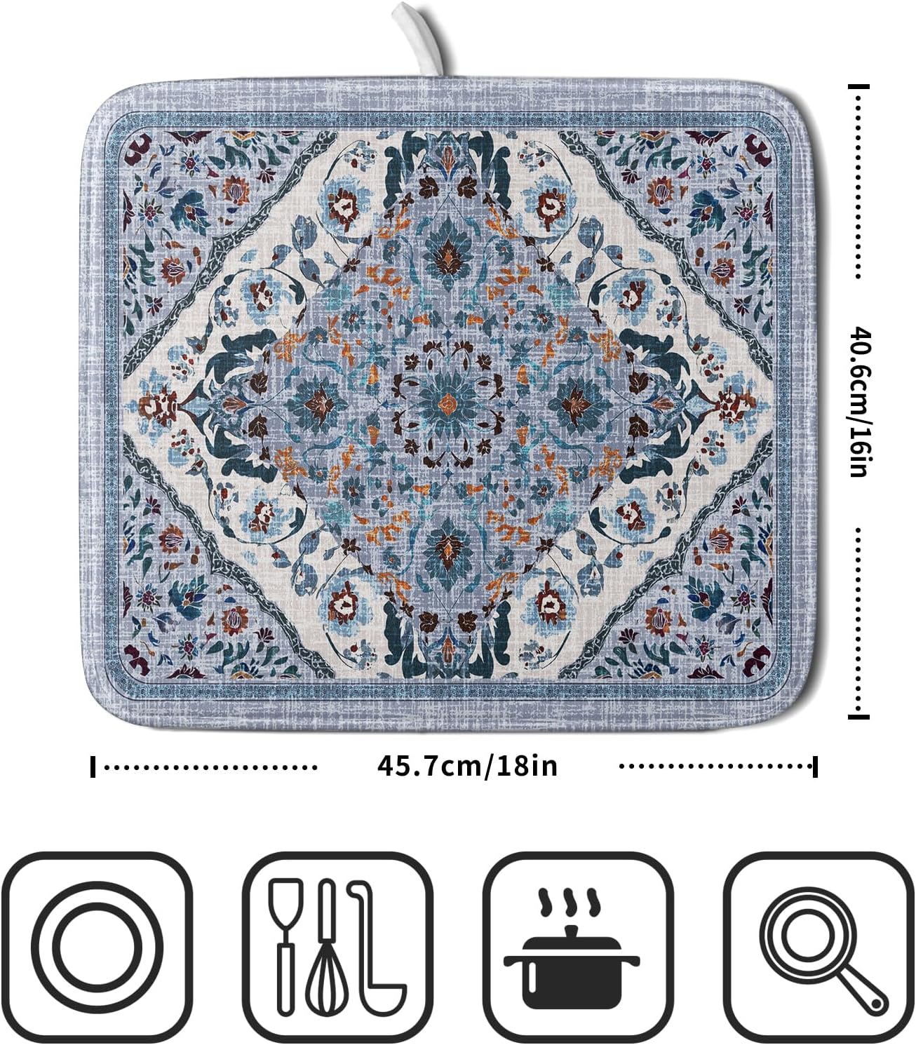Boho Flower Dish Drying Mat Blue Bohemian Dishes Drainer Rack Mat 16x18 Inch Microfiber Kitchen Drying Pad for Countertop Tableware Decor