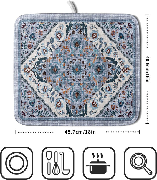 Boho Flower Dish Drying Mat Blue Bohemian Dishes Drainer Rack Mat 16x18 Inch Microfiber Kitchen Drying Pad for Countertop Tableware Decor