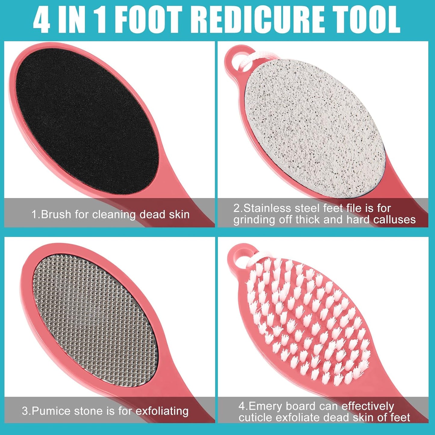 Foot File Callus Remover-2 Pcs 4 in 1 Foot Scrubber Dead Skin Remover for Feet,Pumice Stone, Foot Rasp and Sand Paper for Home Foot Care,Foot Brush for Shower (Red Pedicure Foot File)