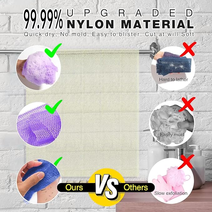 UJFQBH 3 Pieces African Bath Sponge African Net Long Net Bath Sponge Exfoliating Shower Body Scrubber Back Scrubber Skin Smoother,Great for Daily Use (Purple,Blue,Off-White)