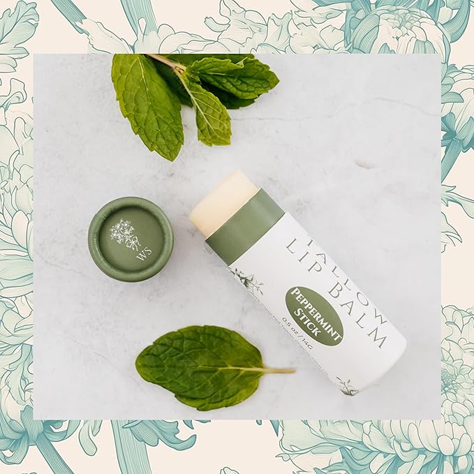 Organic Tallow Lip Balm (Peppermint) from Grass Fed Cows. Super hydrating with Tallow, Olive Oil, Honey, and Beeswax. Sustainable Cardboard Tubes & Hand Filled. Jumbo Size 0.5 oz.