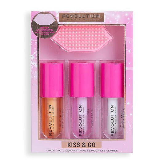 Revolution Kiss & Go Glaze Lip Care Gift Set, Exfoliating Tool & 3 Fruit Flavored Lip Oils Included