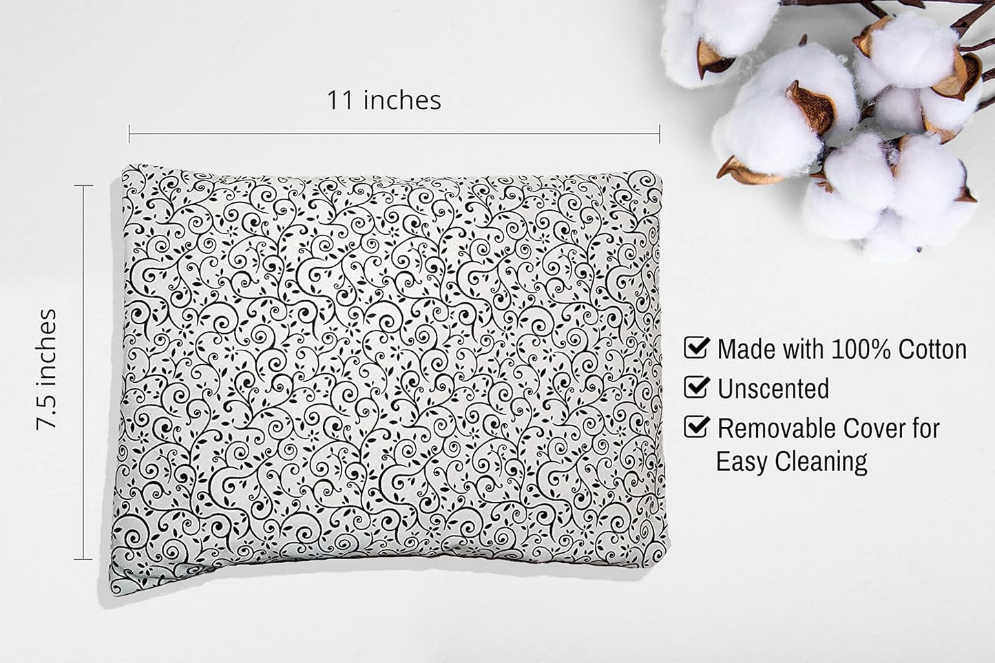 Microwavable Corn Filled Heating Pad and Cold Pack/Washable 100% Cotton Cover (Vines - Black and White, 7.5in W x 11in L)