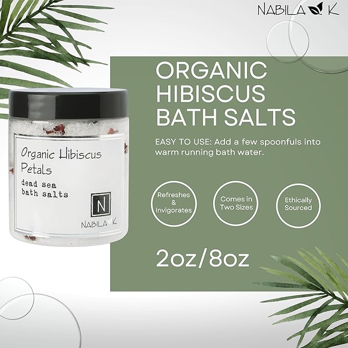 Organic Hibiscus Petals Bath Salts by Nabila K - Dead Sea Salt & Epsom Salt Scrub & Soak - Exfoliates & Hydrates Skin, Botanical Essential Oils - Bubble Bath Accessories for All Skins Types, 8 oz