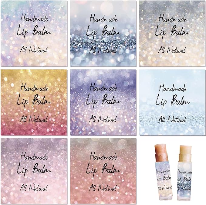 CRASPIRE 80Pcs 8 Styles Lip Balm Sticker Flash Background Self-Adhesive Homemade Lip Balm Labels Vintage Square DIY Label Stickers for Lip Balm Containers Cosmetics Lipsticks