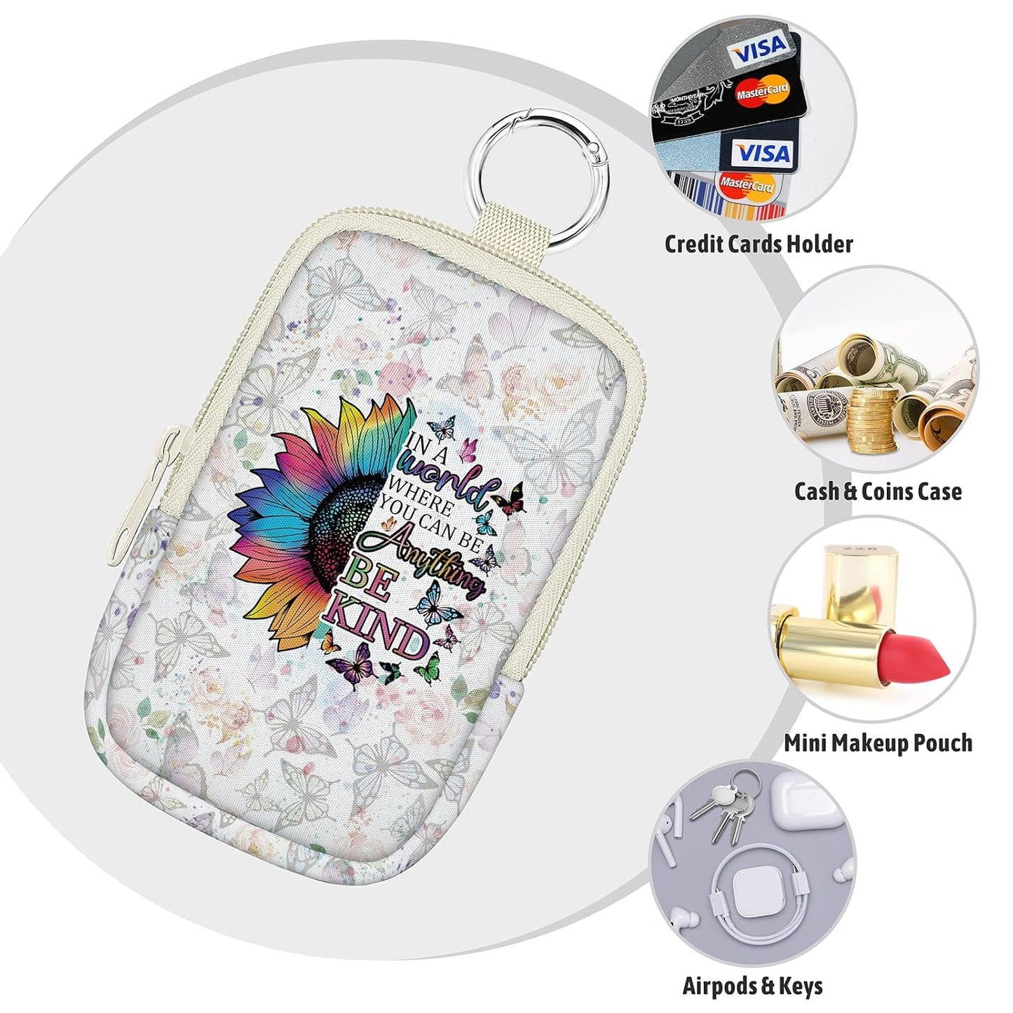 Sunflower Be Kind Hand Sanitizer Spray Case, Hand Sanitizer Holder Zippered Pouch, Cute Fashion Accessory with Snap Hook for Glow Mist and Power Mist 1FL OZ