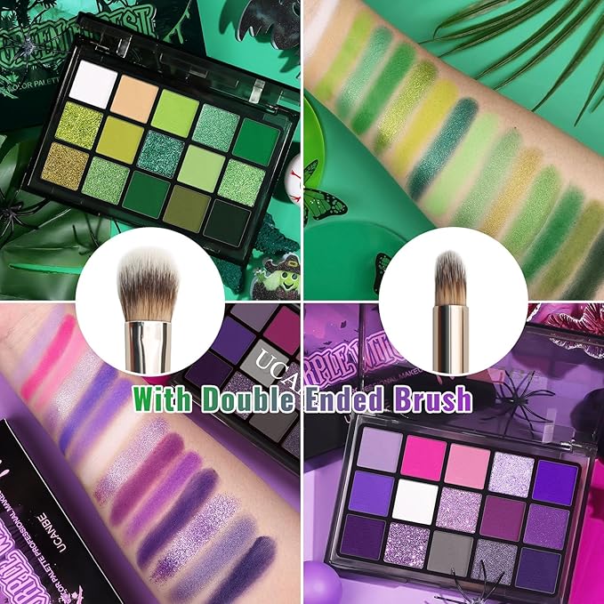 UCANBE 2pcs Eyeshadow Palette Makeup Set, Green Purple Color Shimmer Matte Metallic Eye Shadow Pallet with Soft Brush Eye Make Up Kit for Halloween Cosplay Costume Beetlejuice Medusa Poison Ivy Ursula
