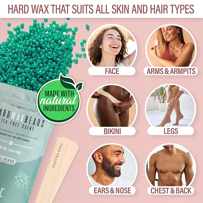 Tress Wellness Waxing Kit for Sensitive Skin – Safe for Face & Skin, Prep & Aftercare Spray, Easy to Use – At-Home Kit for Face, Bikini, Brazilian & Full Body - Pink, No Display