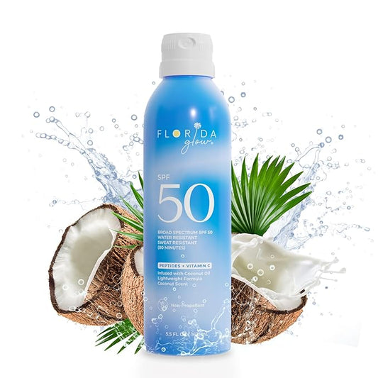 Florida Glow SPF 50 Sunscreen Spray - Hawaii 104 Reef Act & Florida Keys Compliant, Broad Spectrum, Water Resistant Sport Sun screen - Child Friendly PABA-Free & Oxybenzone Free (5.5 Fl Oz 1-Pack)