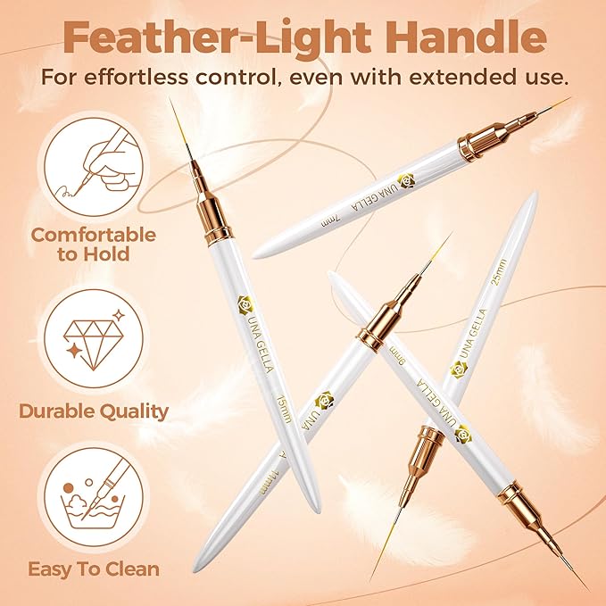 UNA GELLA Nail Art Brushes Metallic, Liner Pens Set For Nail Art Gel Polish, 5Pcs White Color, Detail Nail Art Design Painting Brush Set For Nails Gel Fine Drawing Nail Tools, Sizes 7/9/11/15/25mm