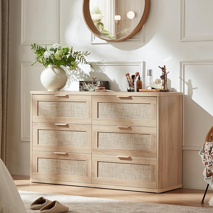 LEYAOYAO Rattan Dresser and Nightstand Set of 2, Boho Wood Dresser for Bedroom with 6 Drawers and Night Stand with Charging Station, Bedroom Furniture, Dressers & Chests of Drawers,Living Room,Hallway