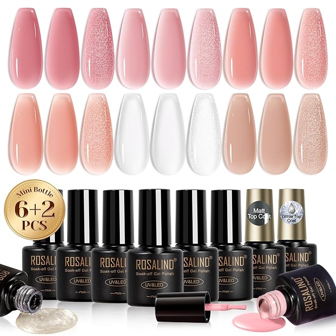 ROSALIND Jelly Gel Polish Set with Matte and Glitter Gel Top Coat, 6 Translucent Colors Neutral Sheer Milky White Nude Pink base Gel Nail Polish set Nail Art DIY at Home