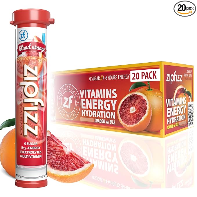 Zipfizz Daily Energy Drink Powder, Blood Orange, 20 Pack | 3-in-1 Sustained Energy, Rapid Hydration, and Essential Vitamins | Sugar-Free | Electrolyte Powder | Contains Vitamin B-12 & Antioxidants