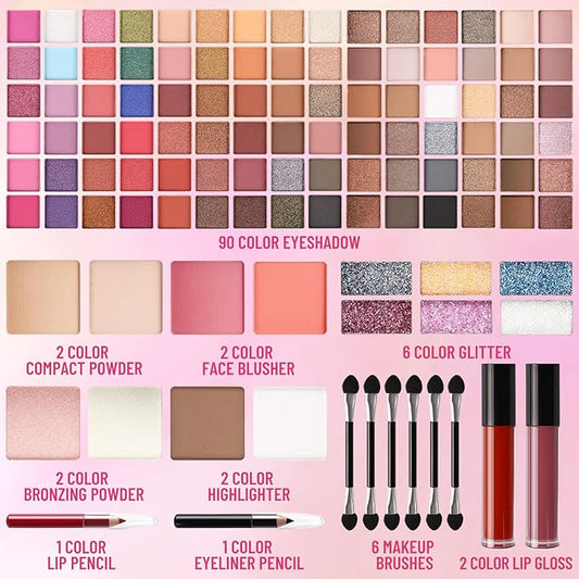All In One Professional Makeup Kit Include Eyeshadow Palette Blushes Compact Bronzing Highlighter Powder Glitter Lipliner Eyeliner Pencil Brushes with Mirror Make Up Set Christmas Gifts For Women Girl