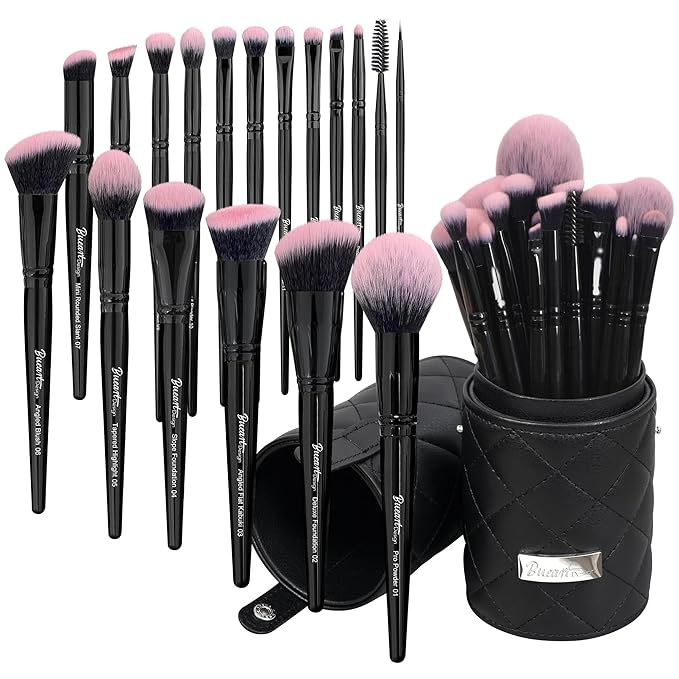 Bueart Design 18Pcs Pro Deluxe Fuchsia Pink Black Makeup Brushes set with Travel Make up Brush Holder case Foundation concealer contour Blush eyeshadow face make up brush set