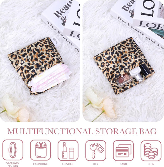 DGAZ Sanitary Napkin Storage Bag, Period Bag for Teen Aged Girls, Portable Period Bag for Panty Liners/Menstrual Cup/Small Tampons，Mini Makeup Bag for Purse(Leopard A)