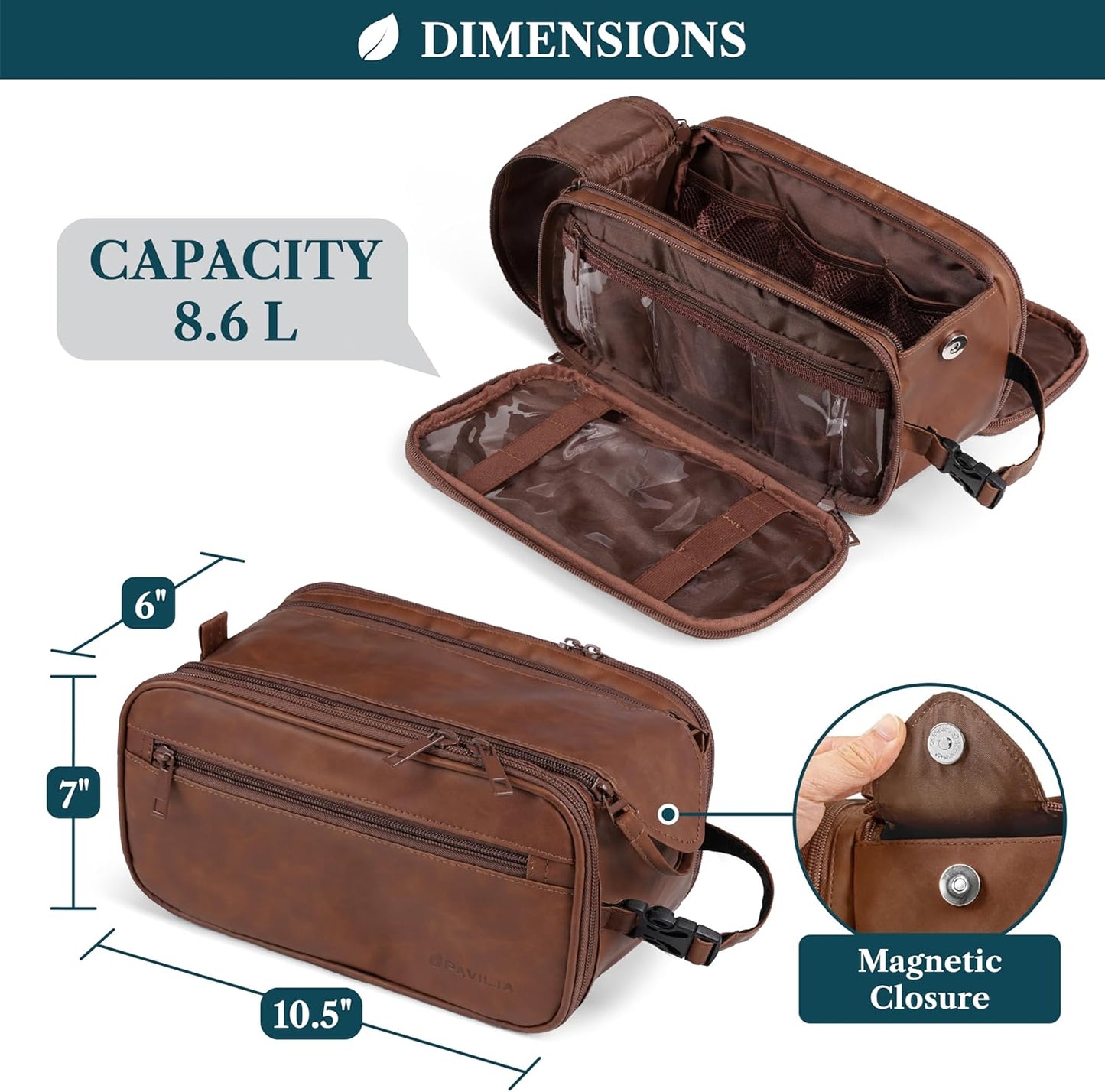 PAVILIA Large Toiletry Bag for Men Women, Mens Travel Bag Toiletries Organizer Case for Grooming, Travel Essentials Shaving Dopp Kit, PU Leather Water Resistant Cosmetic Pouch, Brown