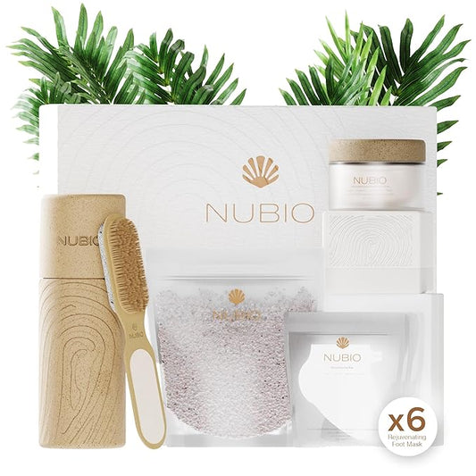 Nubio Foot Spa Collection for Women & Men - Exotic Hydration & Pampering for Dry Feet - Includes 6 x Foot Peel Masks, 2lb Epsom Salt Foot Soak, 5oz Moisturizing Milk, & All-in-1 Pedicure Paddle