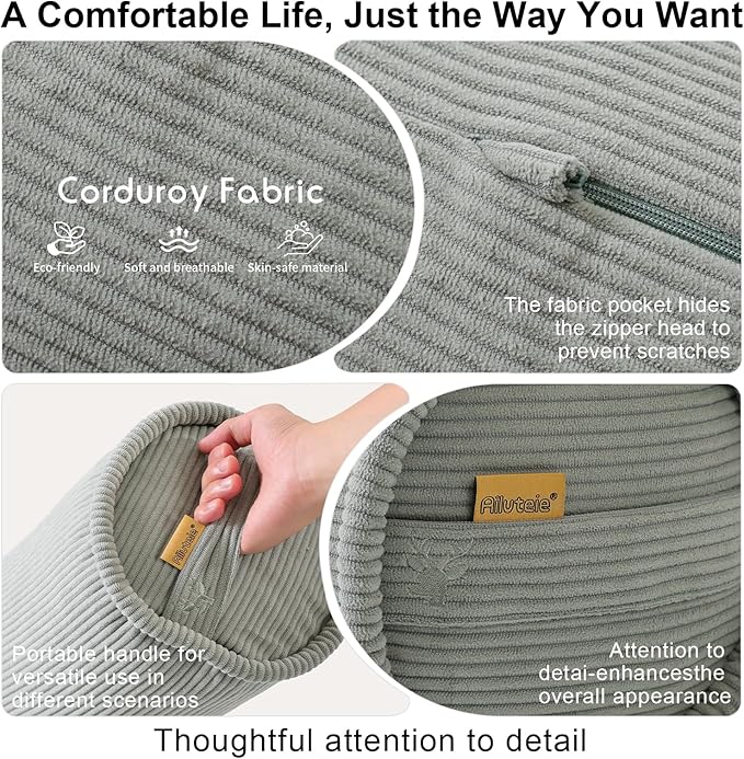 Long Bolster Pillow for Bed – Soft Corduroy Body Pillow for Adults, Ergonomic Full-Length Support for Better Sleep,59 x 7.87 Inches,Grey Green