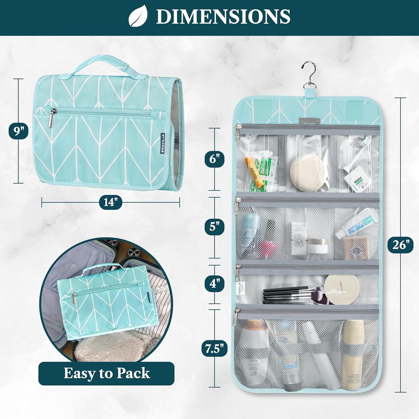 PAVILIA Hanging Toiletry Bag Women Men, Travel Kit Foldable Large Toiletries Organizer, Roll up Cosmetics Makeup Bag Accessories, Waterproof Essentials Jewelry Case (Teal Chevron)