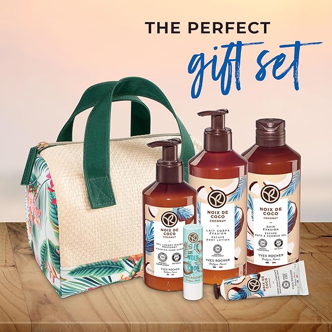 Yves Rocher Bain de Nature Coconut 6-Piece Gift Set, Shower Gel, Hand Cream, Body Lotion, Lip Balm, Hand Soap & Vanity Bag, 6 Items