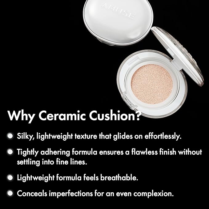 Amuse SEOUL Ceramic Skin Perfector Cushion Foundation 02 HEALTHY | Long-lasting, Lightweight, Semi-matte, Flawless Coverage, Hypoallergenic, Vegan, Korean Beauty (15g / 0.52oz.)