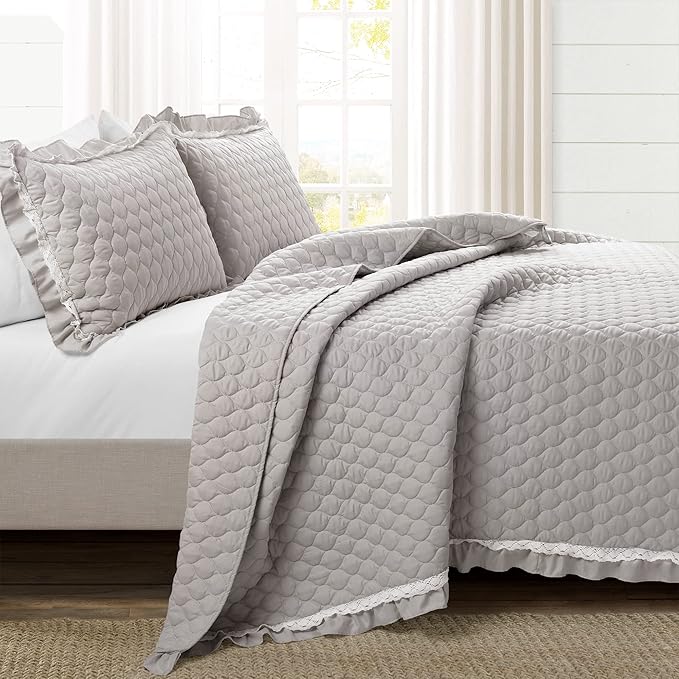 Lush Decor Ella Ruffle Lace Quilt, 3 Piece Set, Full/Queen, Light Gray - Cute Comforter - Queen Bedding Set - Gray Bedding Full Size - Coquette Decor - Ruffle Trim - Lace Trim