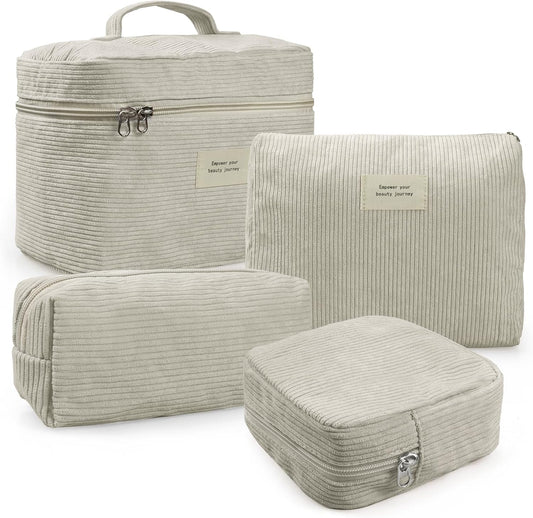 4 Pcs Makeup Bag for Women Corduroy Cosmetic Bag Aesthetic Cute Bags Multi Size Purse Pouch Travel Toiletry Bag Set Makeup Organizer with Zipper(BeigeCorduroy)