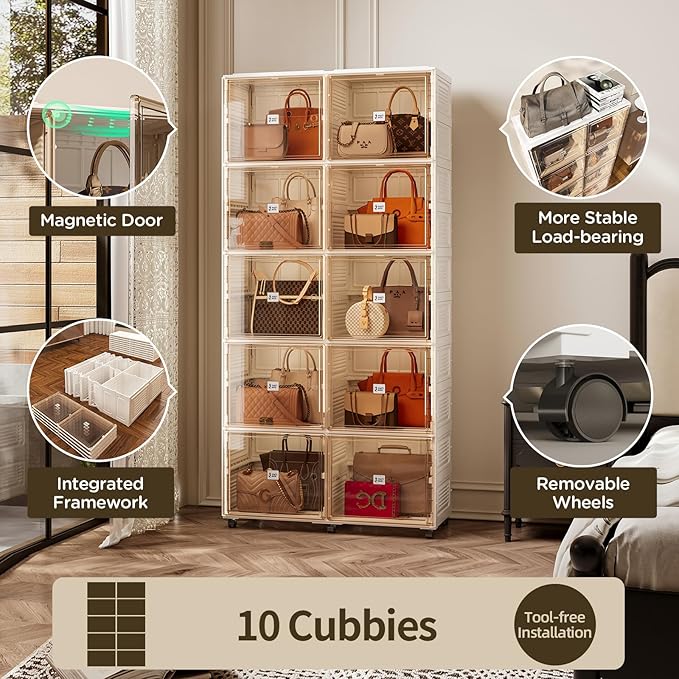 10 Cubbies Handbag Storage Organizer for Closet, Purse Organizer Cabinet with Magnetic Doors & Wheels, Foldable One-Piece Transparent Storage Box for Bags, Boots, Clothes, Toys, Books