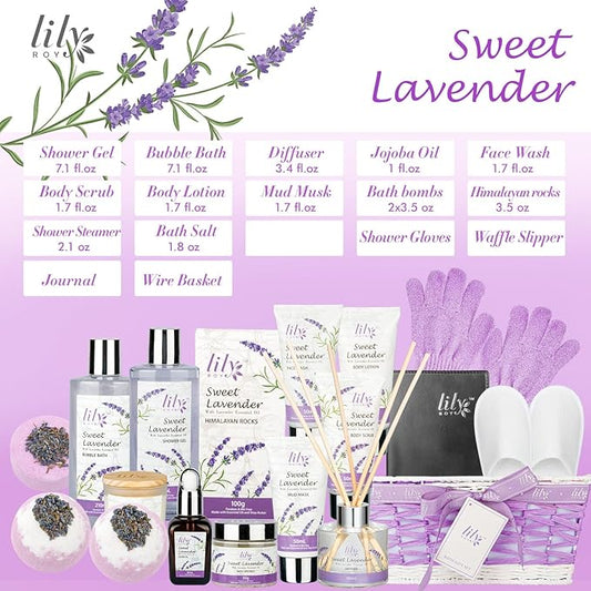 Mothers Day Gifts for Mom - 18-Piece Luxury Bath and Body Gift Set for Women, Lavender Spa Gift Basket with Bath Bomb, Diffuser | Self Care, Christmas Birthday Gifts for Her, Bridal Shower Pamper Kit