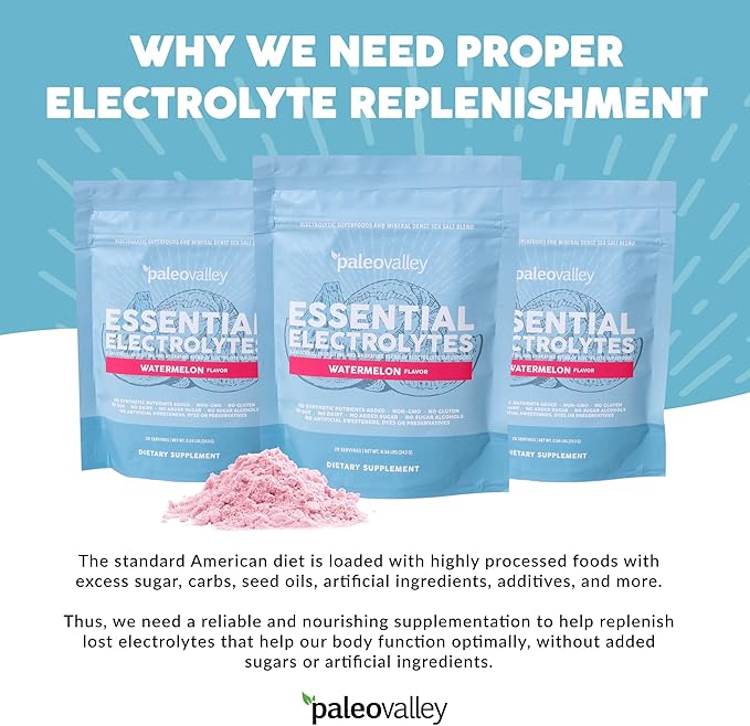 Paleovalley Essential Electrolytes Powder - Full Spectrum Watermelon Electrolyte Powder for Hydration, Energy and Muscle Recovery - No Sugar Added - 28 Servings