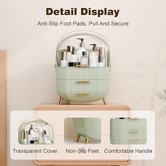 Makeup Organizers and Storage, Make up Organizer for Vanity Cosmetics Skincare Organizers With Lid and Drawers Display Cases for Countertop（Light Green）