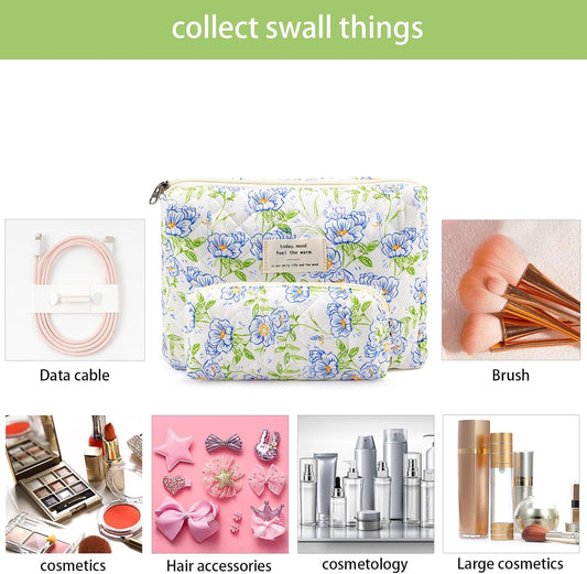 Quilted Cotton Cosmetic Bag 2Pcs Coquette Makeup Bag Travel Makeup Bag for Women Large Makeup Pouch Aesthetic Floral Cosmetic Pouch Toiletry Bag for Women Gift for Lover Daughter Sister Mom