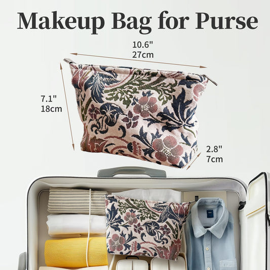 Floral Makeup Bag for Women, Make Up Bag for Purse, Thick Chenille Flower Cosmetic Bag, Makeup Pouch with Zipper Lining, Pouch Bag for Travel Daily Use Storage Gift, Makeup Zipper Pouch