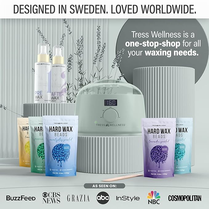 Tress Wellness Waxing Kit for Sensitive Skin – Safe for Face & Skin, Prep & Aftercare Spray, Easy to Use – At-Home Kit for Face, Bikini, Brazilian & Full Body - Digital Display, Green