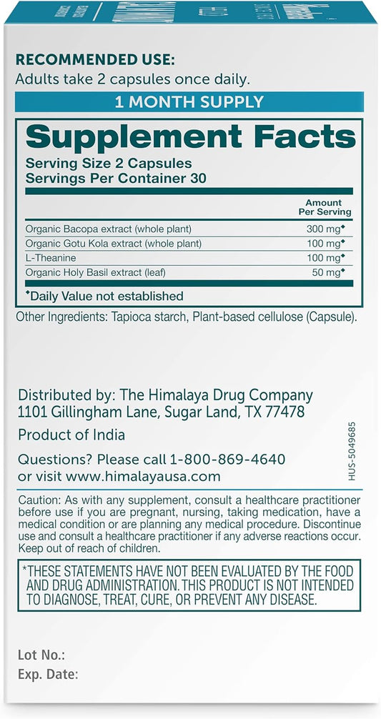 Himalaya Hello Calm Mind Herbal Supplement, with Bacopa, L-Theanine, Gotu Kola, Supports Concentration & Focus, Cognitive Function, Clear Thinking, Relaxation, Vegan, Gluten Free, 60 Capsules