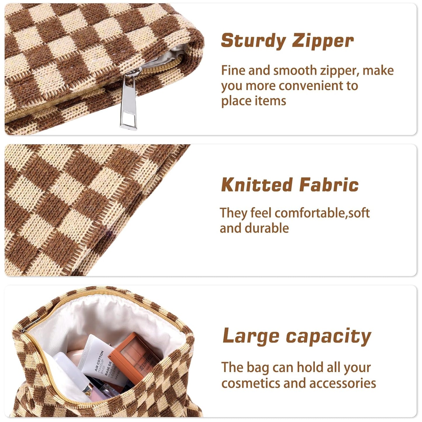ZLFSRQ 2Pcs Checkered Makeup Bag for Women Large Small Checkered Cosmetic Bag Set Aesthetic Preppy Pencil Case Cute Pencil Pouch Brown Makeup Pouch for Purse Travel Toiletry Bags Zipper Skincare Bags