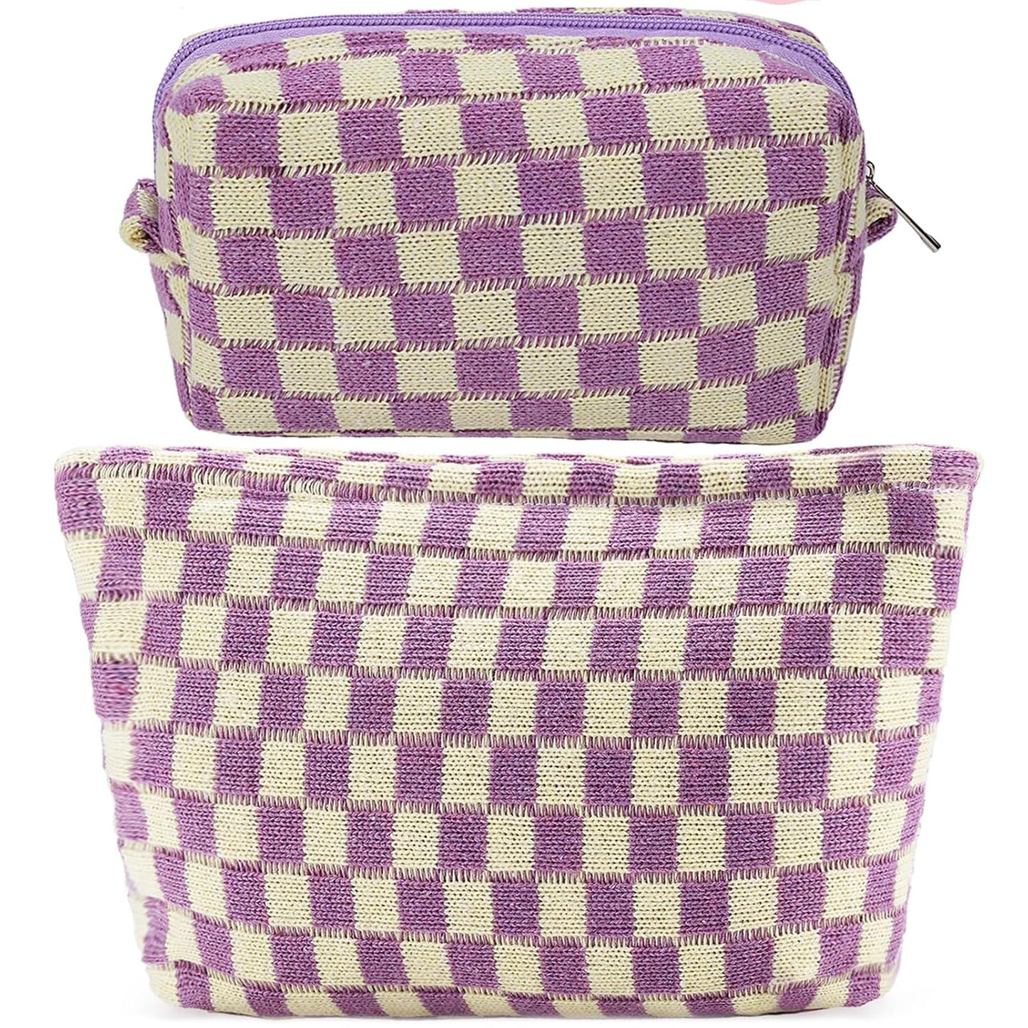 ZLFSRQ 2Pcs Checkered Makeup Bag for Women Large Small Checkered Cosmetic Bag Set Aesthetic Preppy Pencil Case Cute Pencil Pouch Purple Makeup Pouch for Purse Travel Toiletry Bags Zipper Skincare Bags