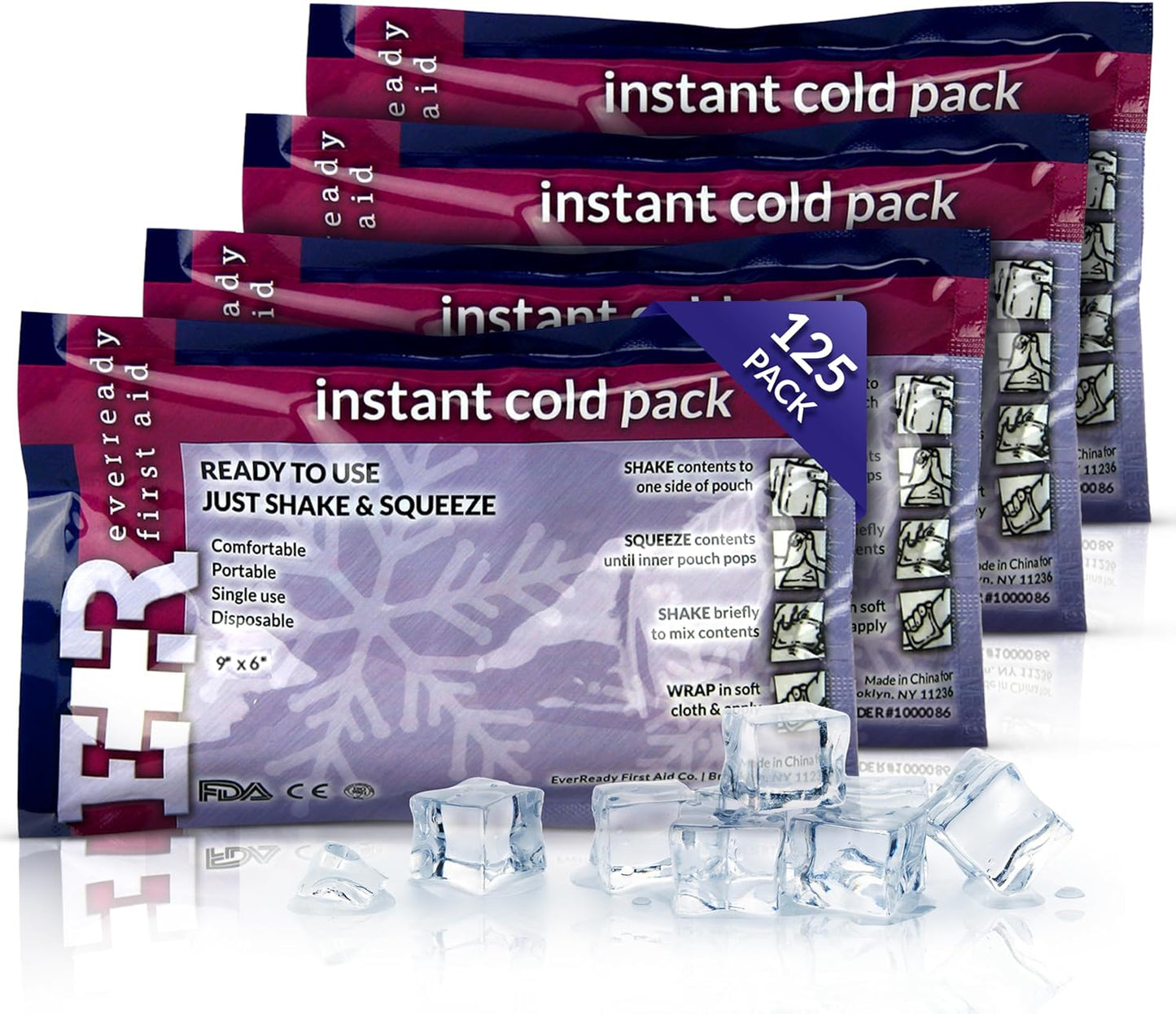 Ever Ready First Aid Disposable Cold Compress Therapy Instant Ice Pack for Injuries 4.5" x 7" - 125 Pack