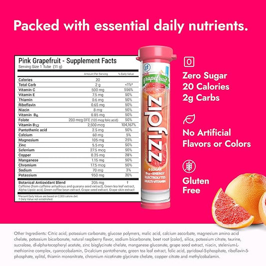 Zipfizz Daily Energy Drink Powder, Pink Grapefruit, 20 Pack | 3-in-1 Sustained Energy, Rapid Hydration, and Essential Vitamins | Sugar-Free | Electrolyte Powder | Contains Vitamin B-12 & Antioxidants