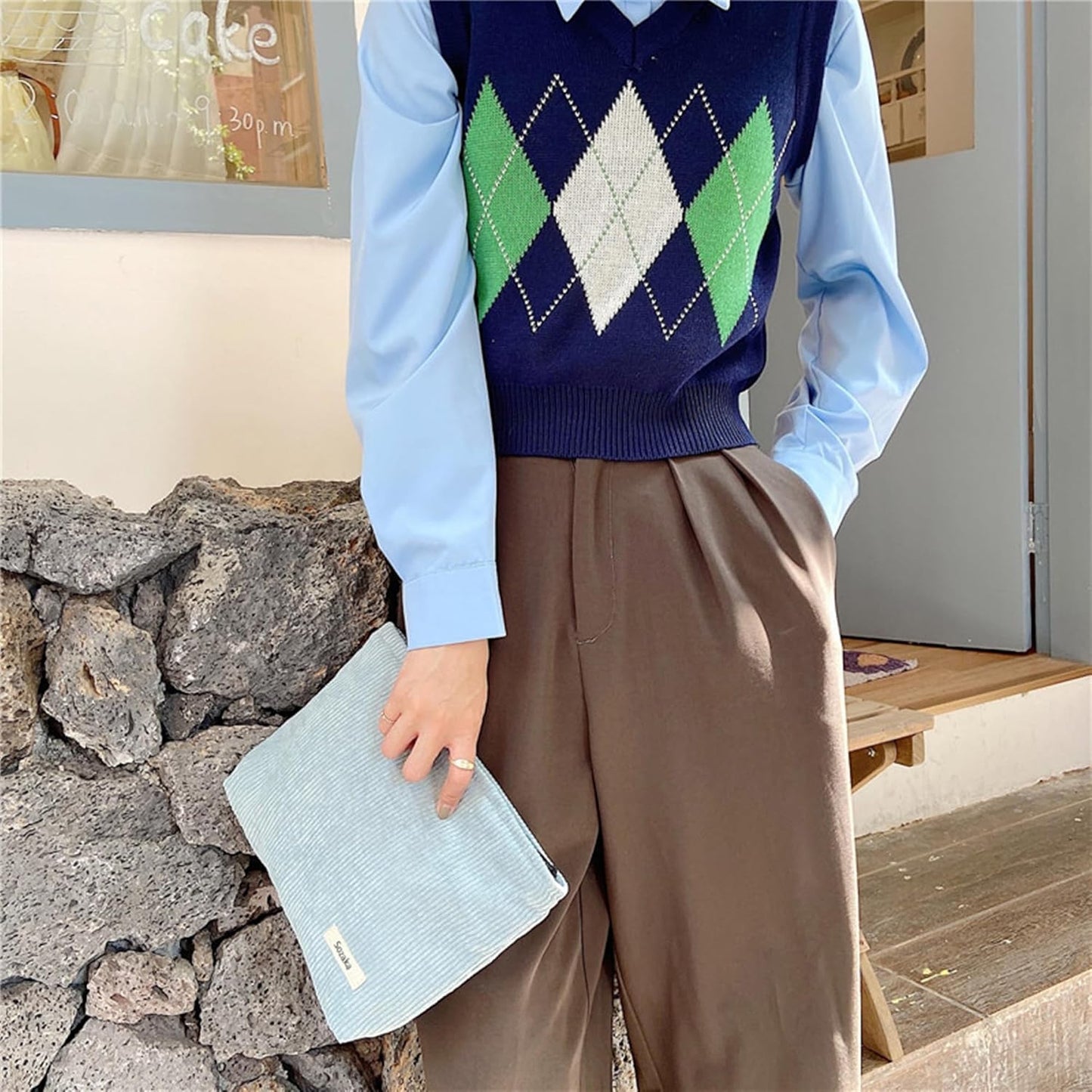 Cosmetic Bags for Women - Corduroy Cosmetic Bag Aesthetic Women Handbags Purses Smile Dots Makeup Organizer Storage Makeup Bag Girls Case Bags (Pure Light blue)