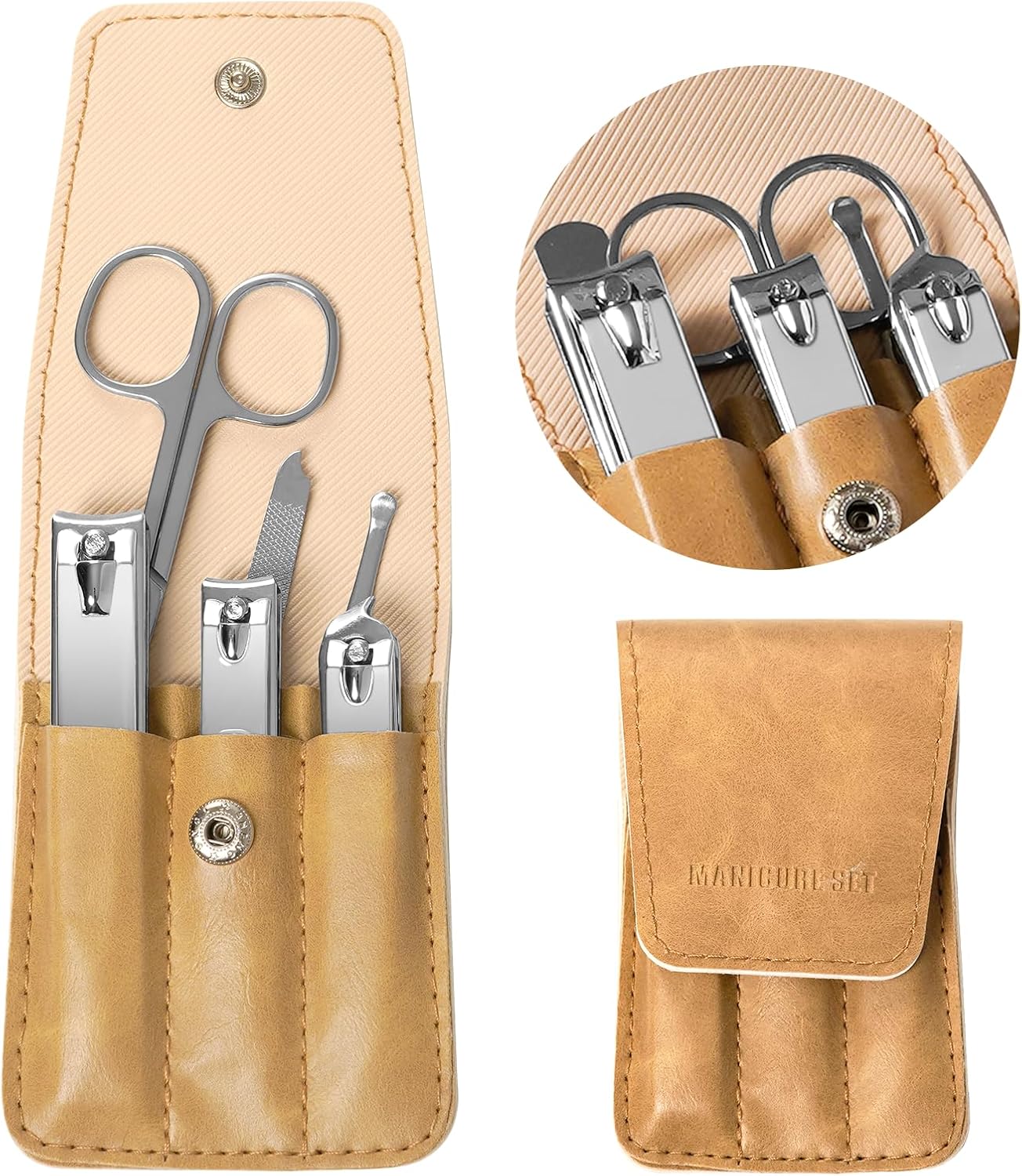 Premium Stainless Steel Nail Clippers Set - Travel Grooming Kit, 6pc Manicure/Pedicure Tools with PU Case - Unisex Gift for Men and Women(D-Khaki)