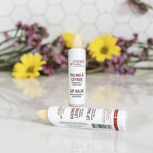 Emu Dundee | 2 Tubes of Natural Lip Balm with Emu Oil, Made in Canada | Relieves, Hydrates and Soothes Dry, Cracked & Chapped Lips | Fragrance Free(2x 3.8g)