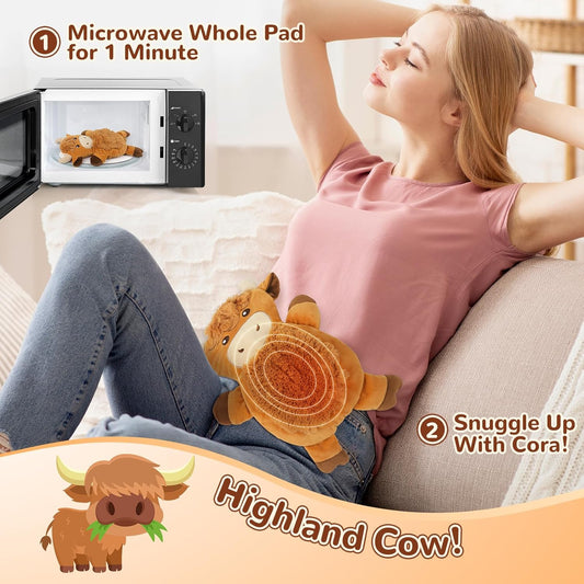 Microwave Heating Pad for Pain Relief, 16" x 11" Microwavable Heating Pads for Cramps, Back Pain, Neck Shoulder, Muscles, Knee, Joints, Natural Heat Pack Moist Heat, Highland Cow with Round Eyes