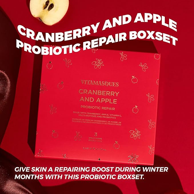 Vitamasques Cranberry and Apple Probiotic Repair Boxset - 3 Vegan Face Masks with Adaptogenic Ingredients to Improve Skin Health